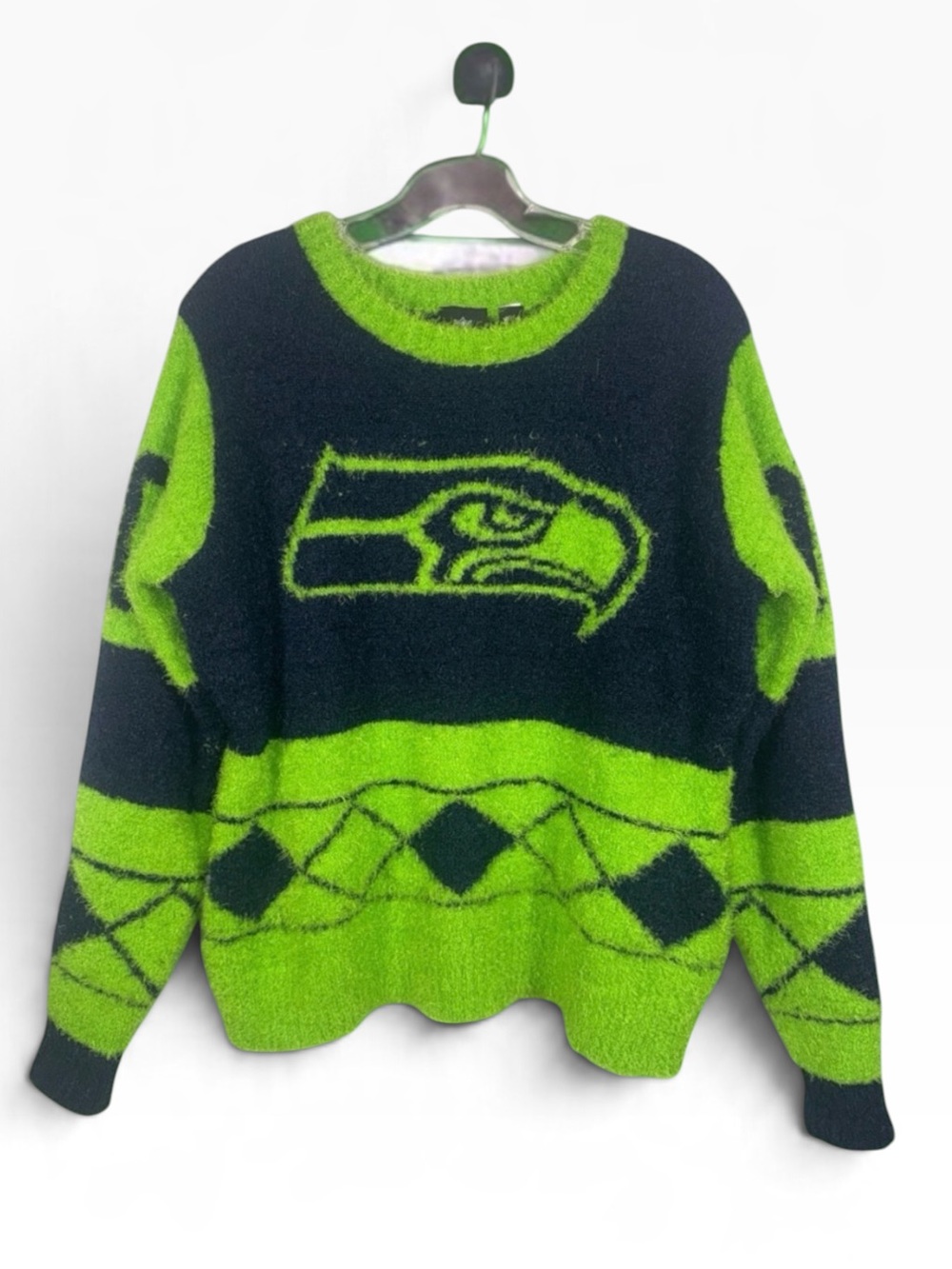 NFL Neon Green and Navy Fuzzy Seahawks Crewneck Sweater